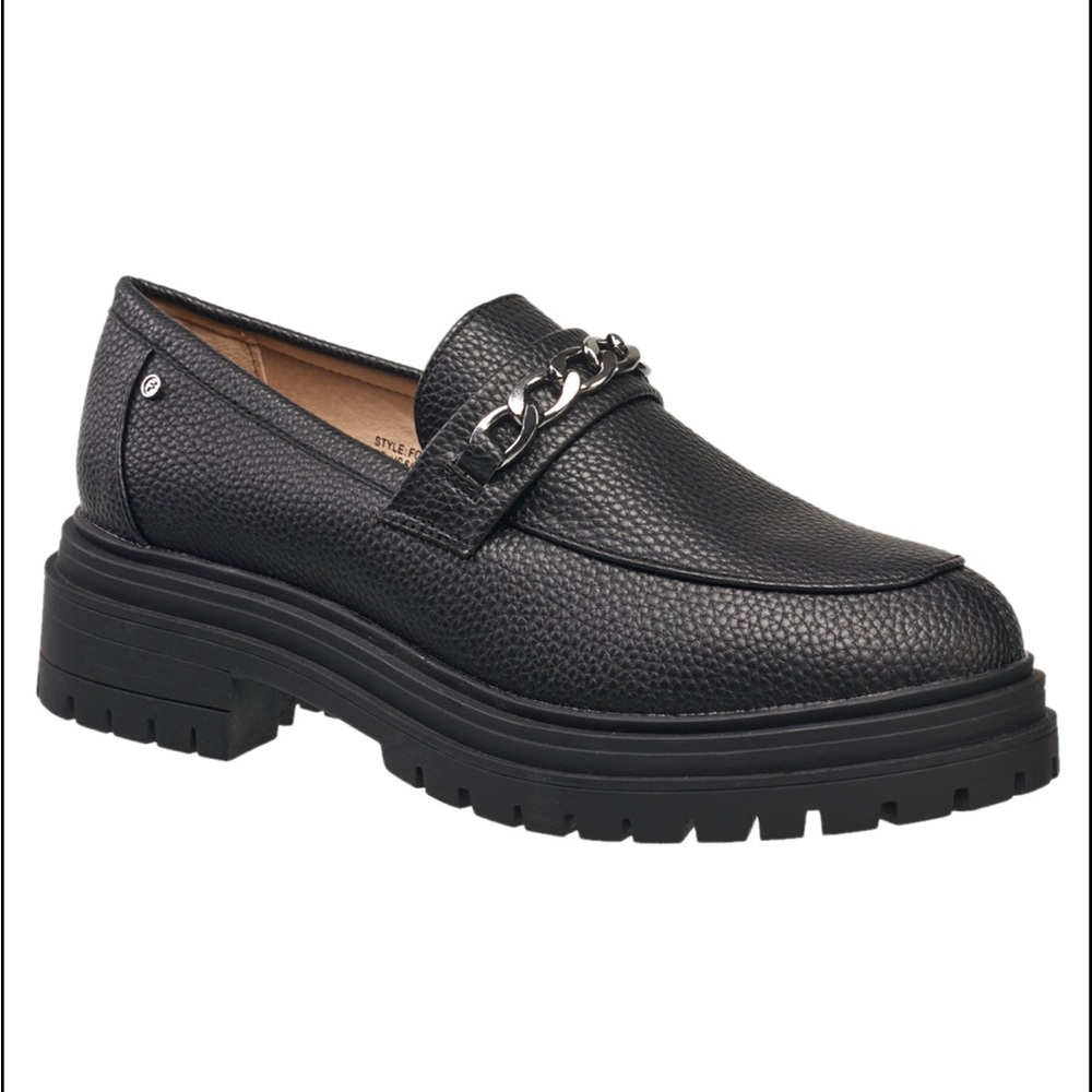 *NWT - FRENCH CONNECTION — Black Vegan Leather Loafers with Chain Detail